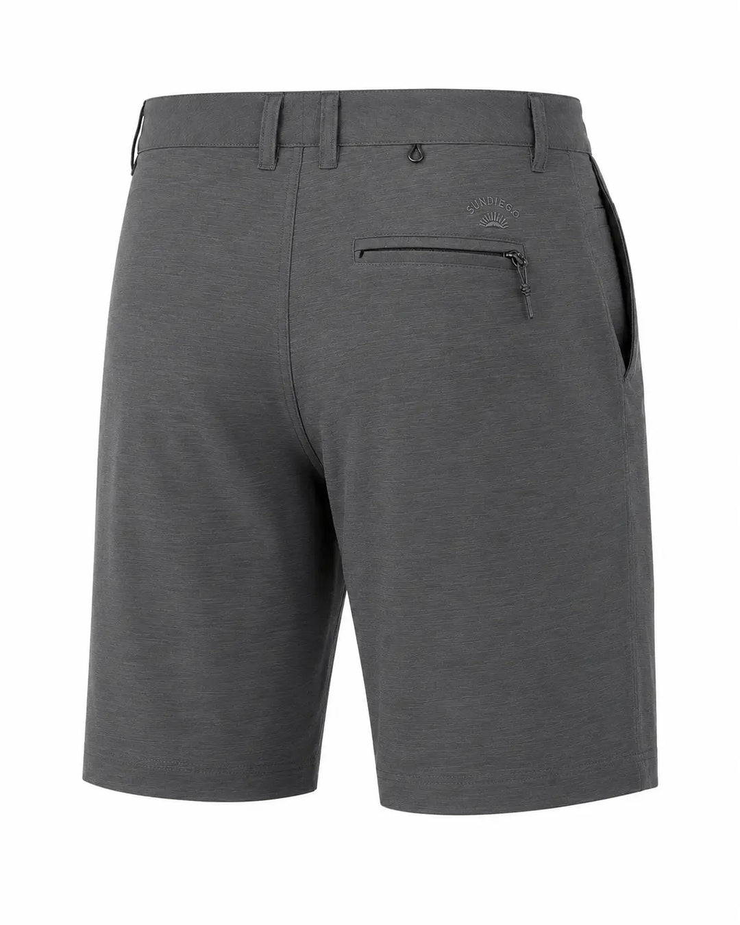 A pair of dark gray heathered golf shorts shown from the back, featuring a zippered pocket on the left side and a subtle embroidered logo on the upper right side.