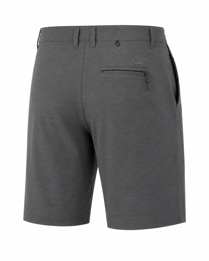 A pair of dark gray heathered golf shorts shown from the back, featuring a zippered pocket on the left side and a subtle embroidered logo on the upper right side.