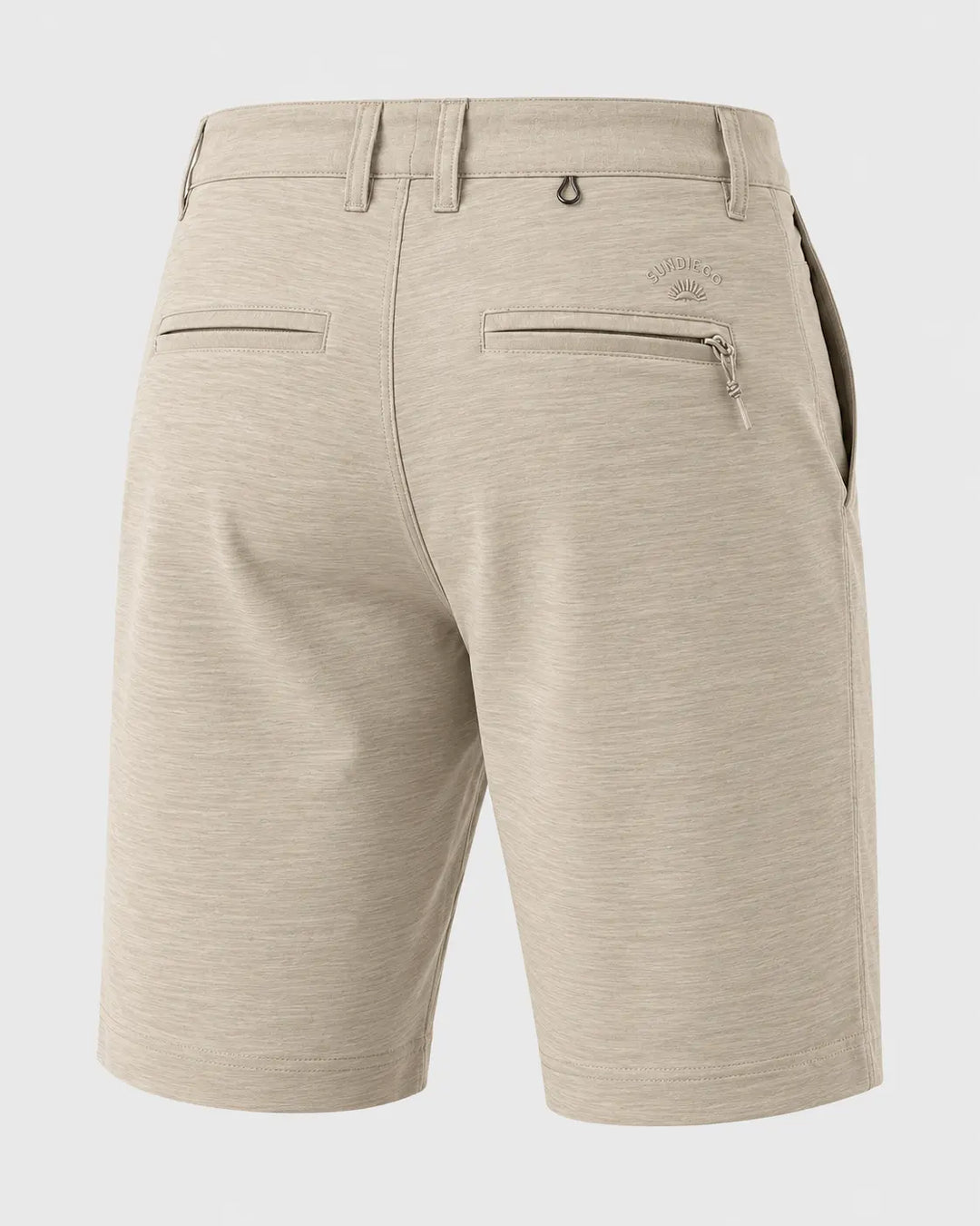 Back view of a pair of men's heather beige golf shorts with zippered and welt pockets, shown on a light gray background.