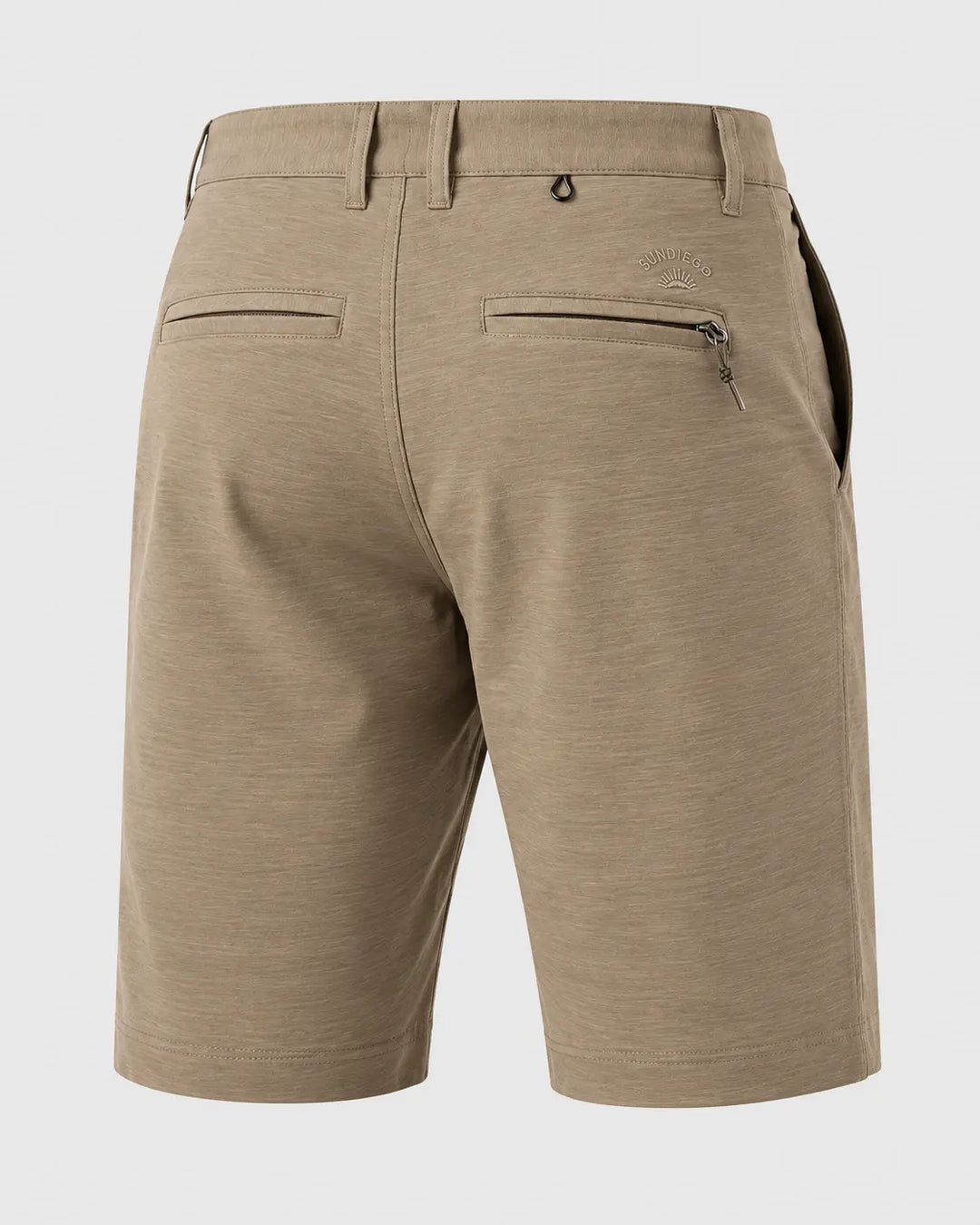 Back view of men's khaki heathered shorts with belt loops, zippered back pockets, and a side pocket, shown on a light gray background.