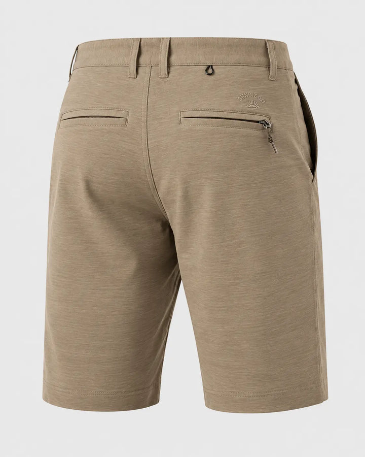 Back view of men's khaki heathered shorts with belt loops, zippered back pockets, and a side pocket, shown on a light gray background.