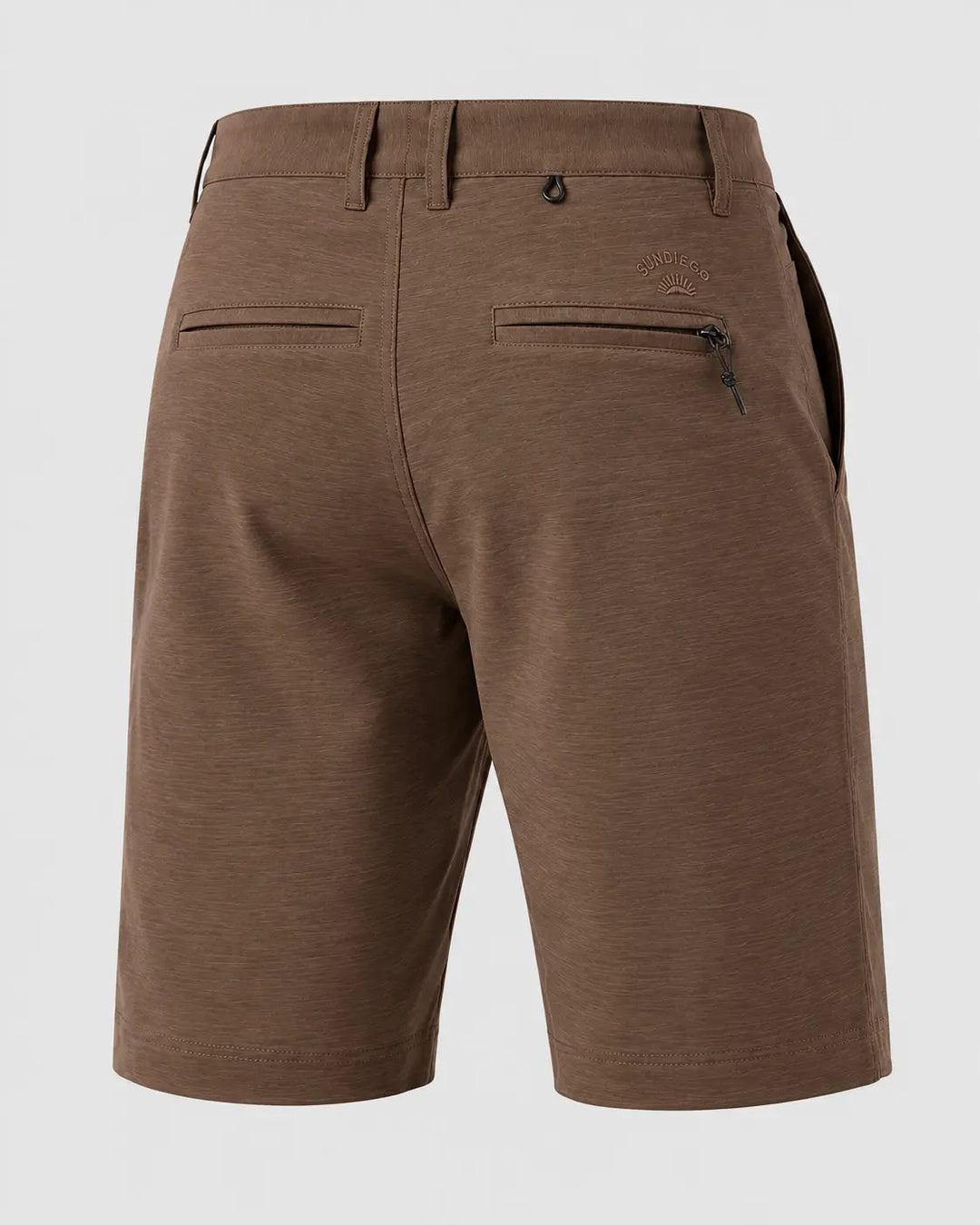 Brown heathered outdoor shorts shown from the back, featuring belt loops, two zippered rear pockets, and a subtle embroidered logo on the upper right side.