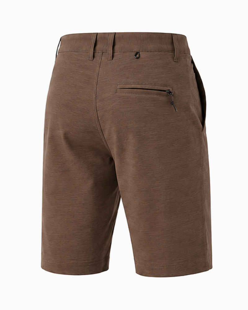 A pair of men's brown shorts shown from the back, featuring a zippered pocket on the left side and belt loops, photographed against a clean white background.