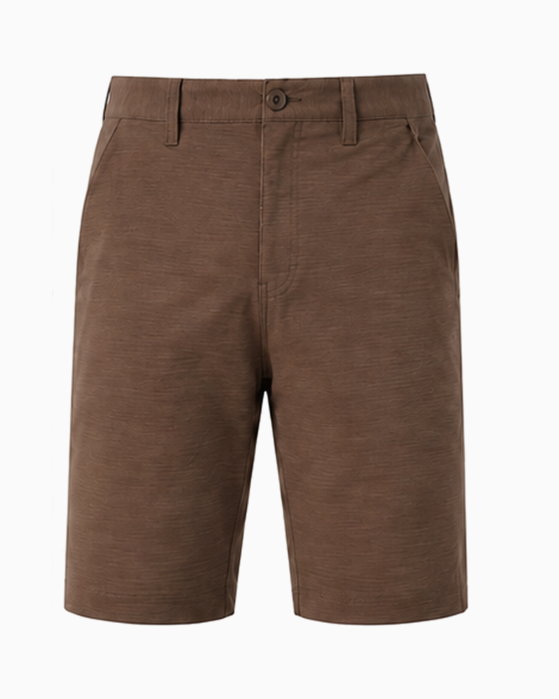 A pair of men's brown shorts with a textured fabric, featuring belt loops, a button closure, and side pockets, shown against a plain white background.