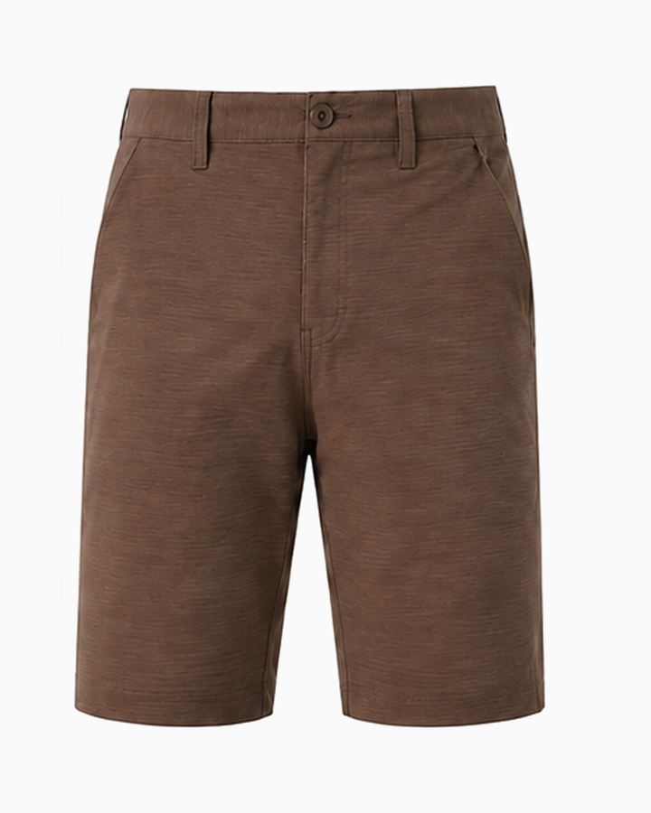 A pair of men's brown shorts with a textured fabric, featuring belt loops, a button closure, and side pockets, shown against a plain white background.