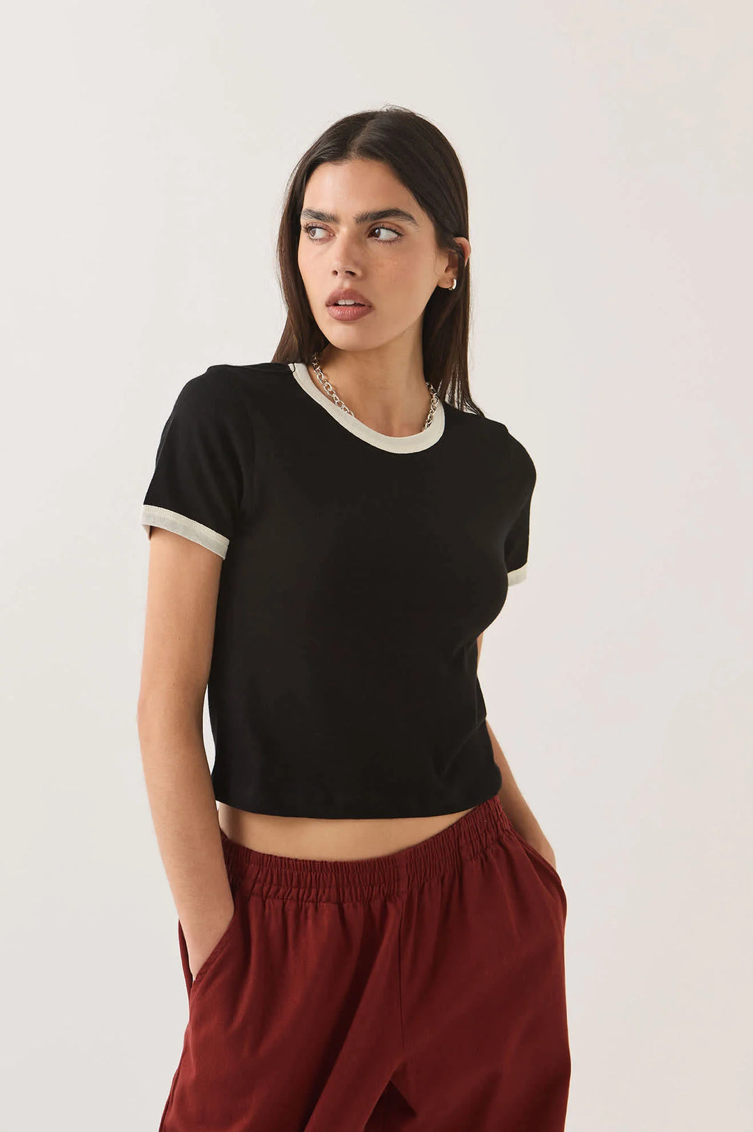 Brixton Women's Carefree Organic Garment Dye Ringer T-Shirt - Black/Off White - Sun Diego Boardshop