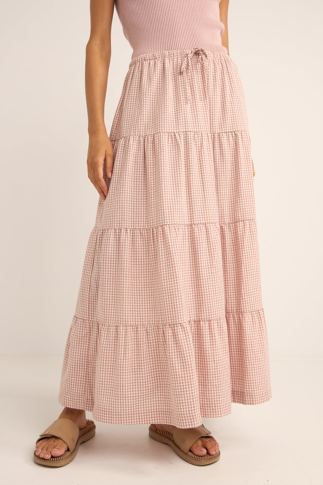 Rhythm Lola checkered tiered maxi skirt - DUSTY PINK - Sun Diego Boardshop