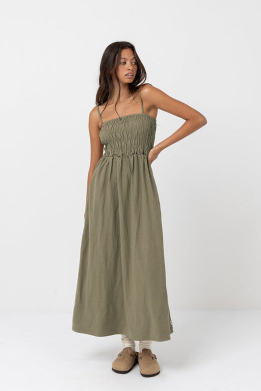 Rhythm Classic Shirred Midi Dress - Olive - Sun Diego Boardshop