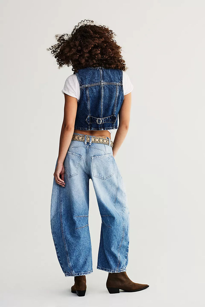 Free People We The Free Good Luck Mid-Rise Barrel Jeans - BARNYARD BLUE - Sun Diego Boardshop