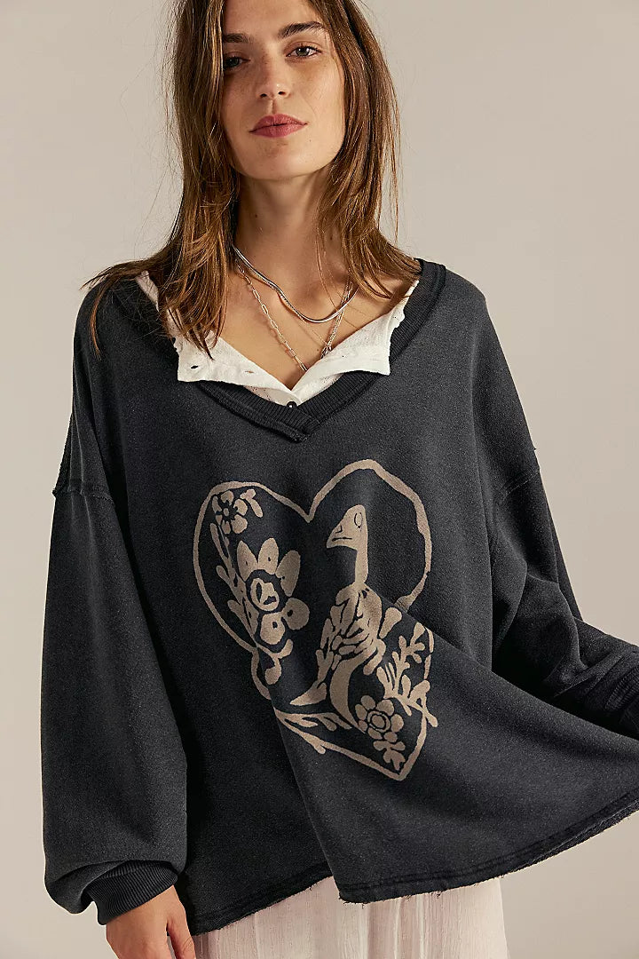Free People We The Free Venice V-Neck Graphic Sweatshirt - Black Bird Combo