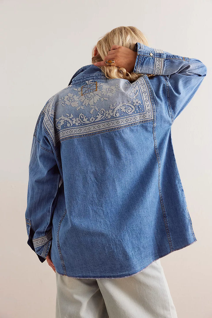 Free People We The Free Lace Embroidered Denim Shirt - MED RANCHER WASH - Sun Diego Boardshop