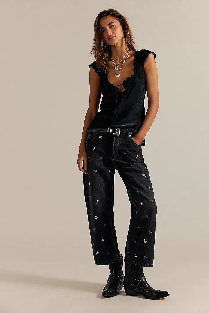 Free People We The Free Deep Trance Shine Embroidered Dropped Boyfriend Jeans - Starry Night - Sun Diego Boardshop