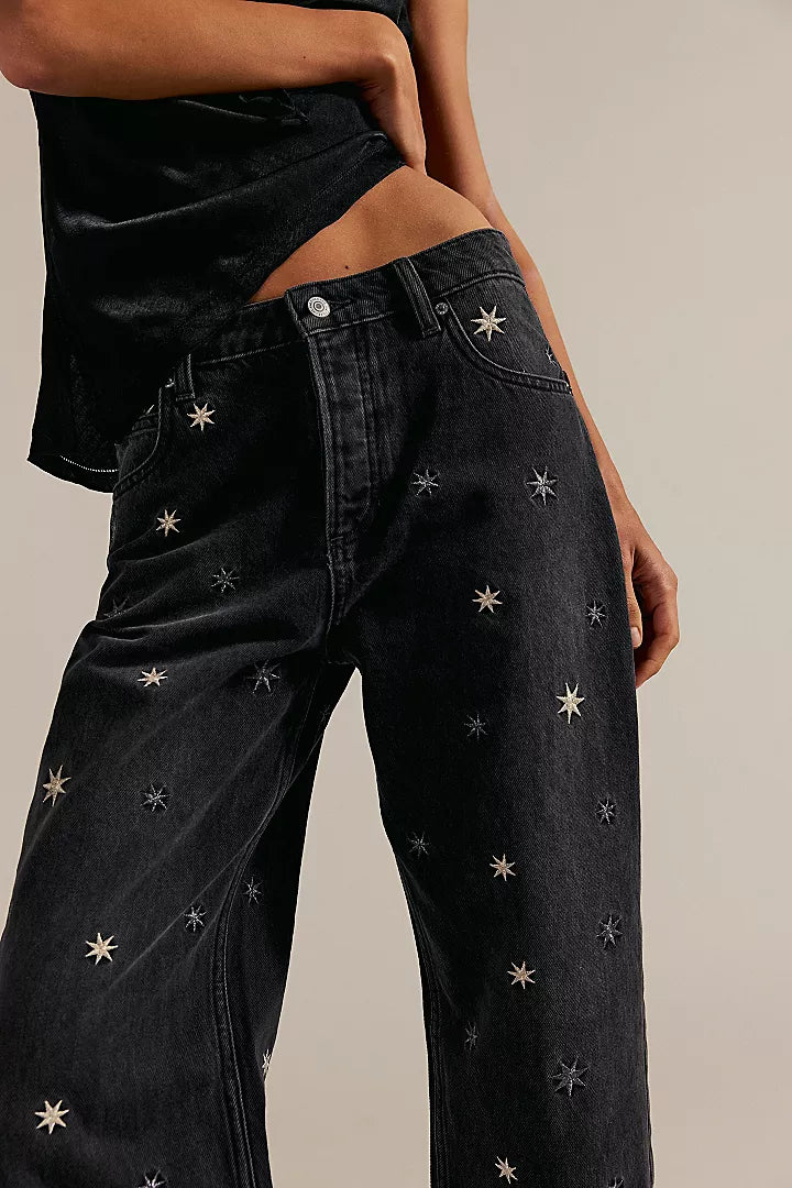 Free People We The Free Deep Trance Shine Embroidered Dropped Boyfriend Jeans - Starry Night - Sun Diego Boardshop