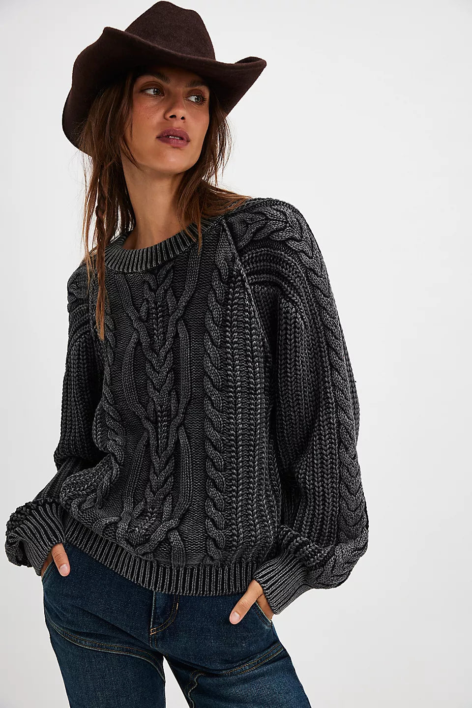 Free People Frankie Cable Sweater - BLACK - Sun Diego Boardshop