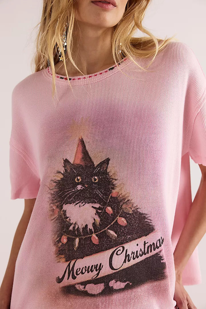 Free People Merry Meowy Tee - Pink Combo
