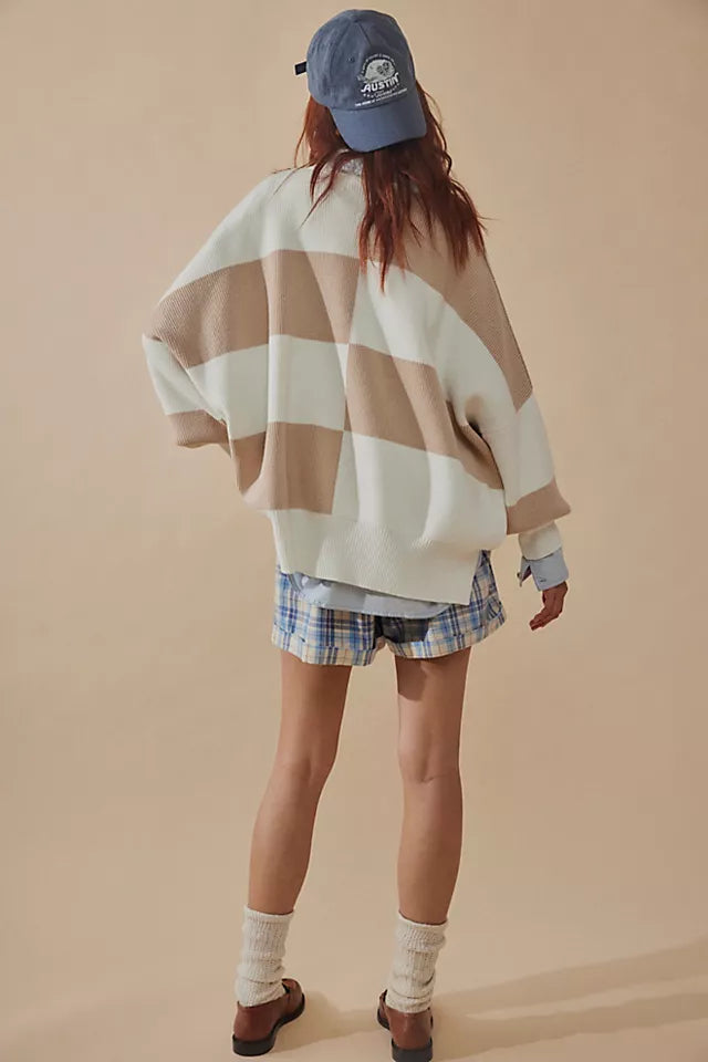 Free People Easy Street Checkered Tunic Sweater - WHITE SAND COMBO - Sun Diego Boardshop