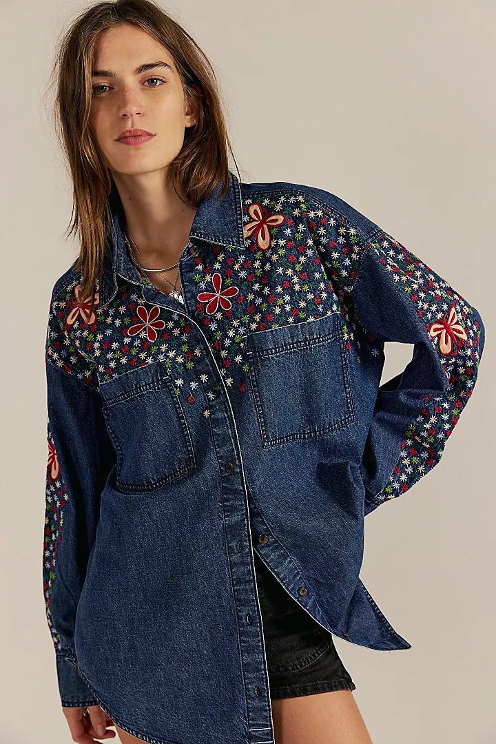 Free People Rainbow Embroidered Denim Top - Rinse Wash