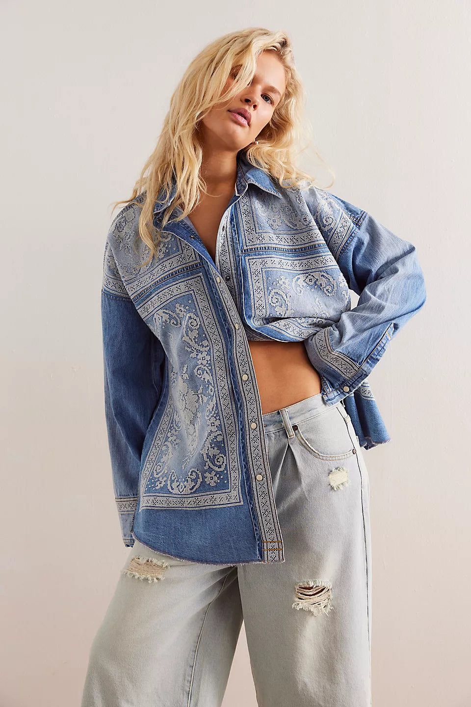 Free People We The Free Lace Embroidered Denim Shirt - MED RANCHER WASH - Sun Diego Boardshop