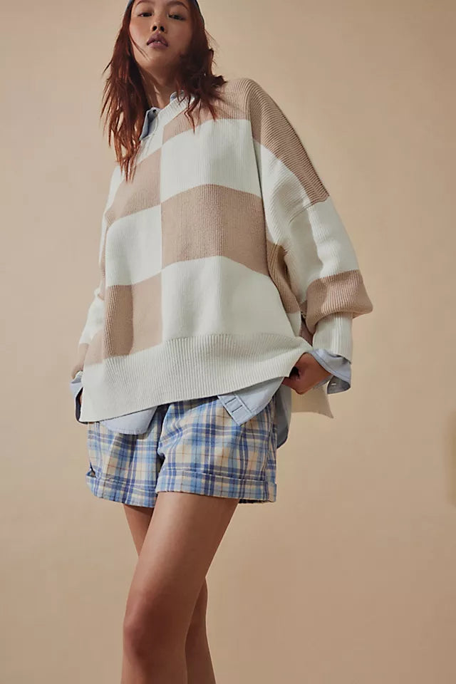 Free People Easy Street Checkered Tunic Sweater - WHITE SAND COMBO - Sun Diego Boardshop