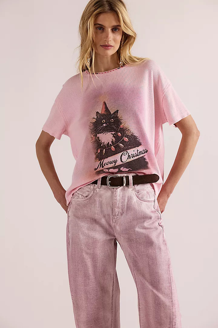 Free People Merry Meowy Tee - Pink Combo