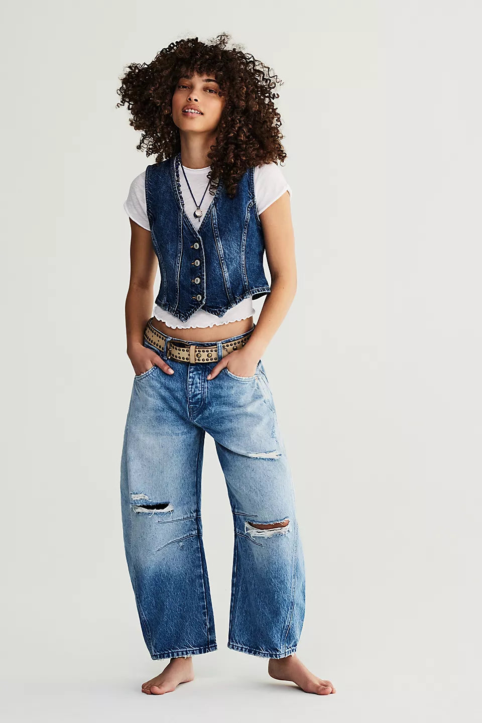 Free People We The Free Good Luck Mid-Rise Barrel Jeans - BARNYARD BLUE - Sun Diego Boardshop