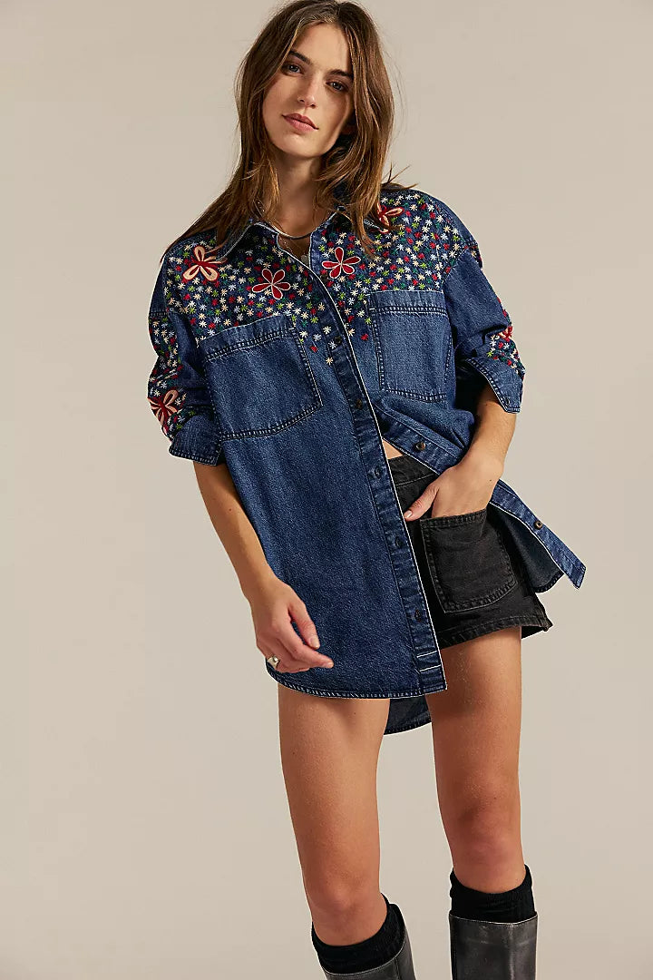 Free People Rainbow Embroidered Denim Top - Rinse Wash