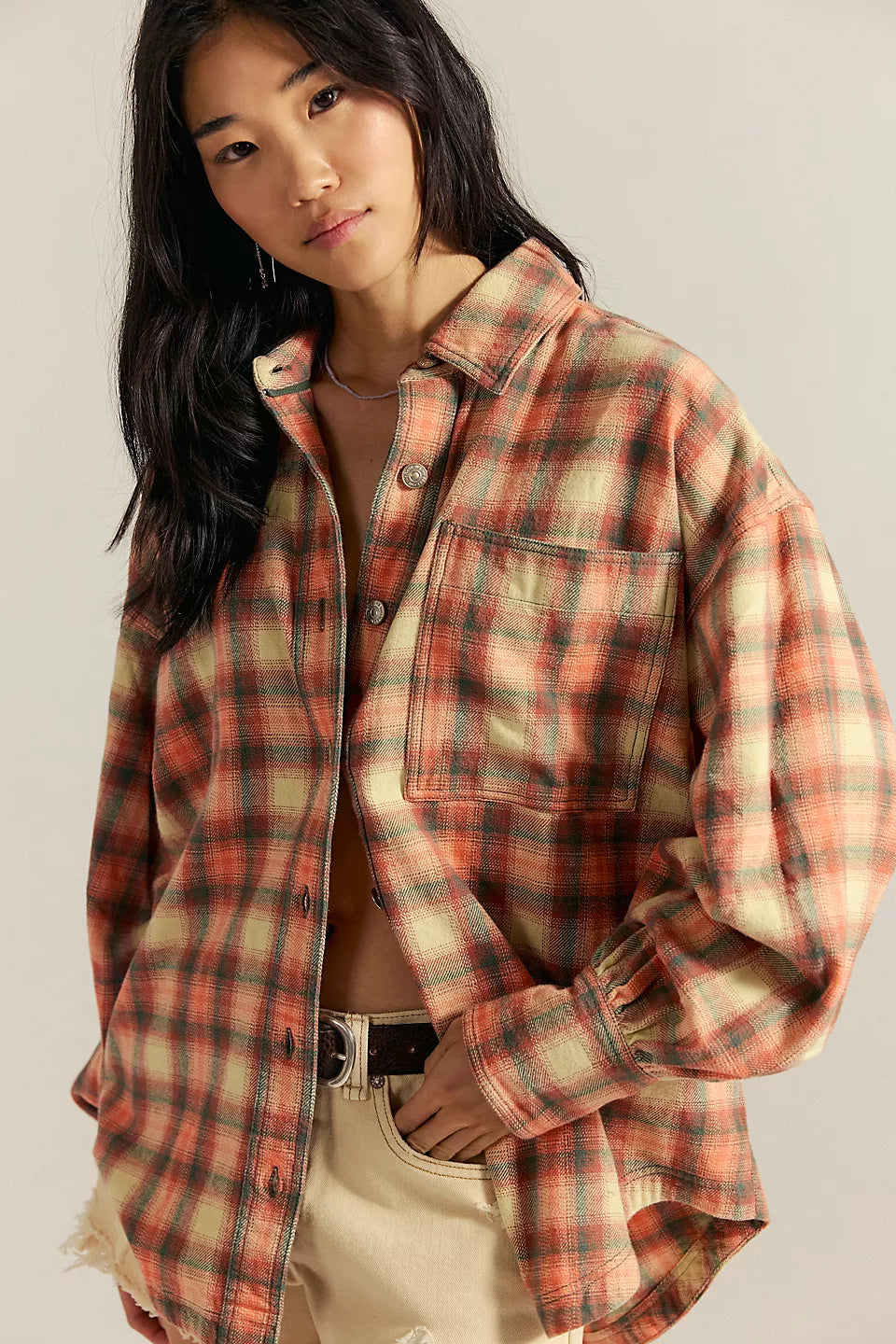 Free People We The Free Ashley Plaid Shirt - Sand Combo - Gia Pla - Sun Diego Boardshop