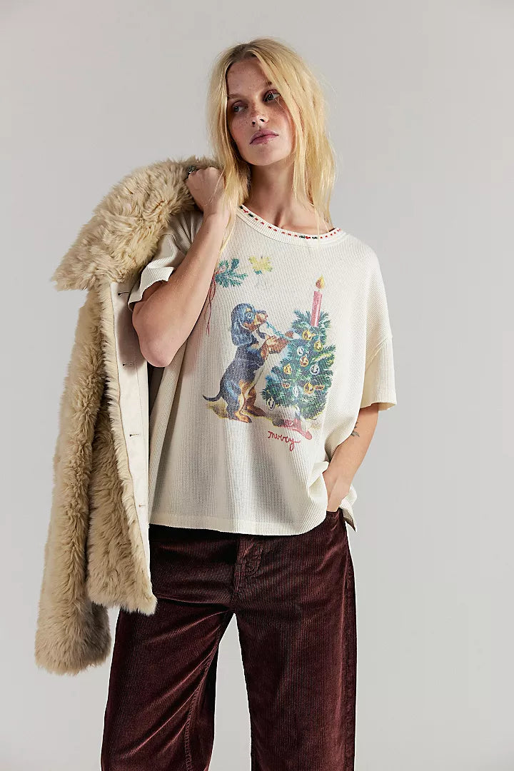 Free People Merry Meowy Tee - Ivory Combo