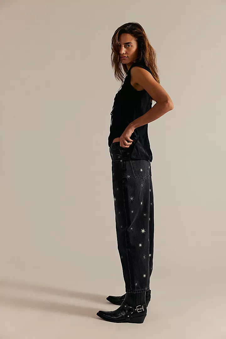Free People We The Free Deep Trance Shine Embroidered Dropped Boyfriend Jeans - Starry Night - Sun Diego Boardshop