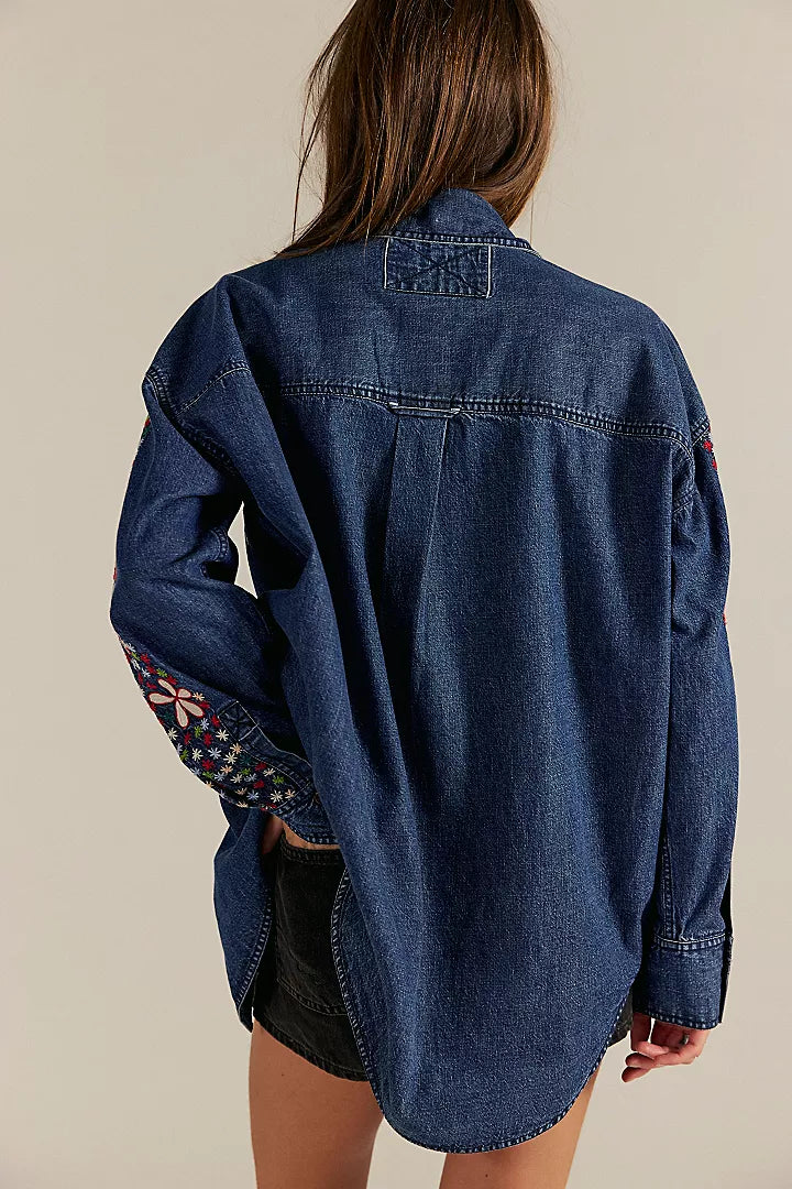 Free People Rainbow Embroidered Denim Top - Rinse Wash