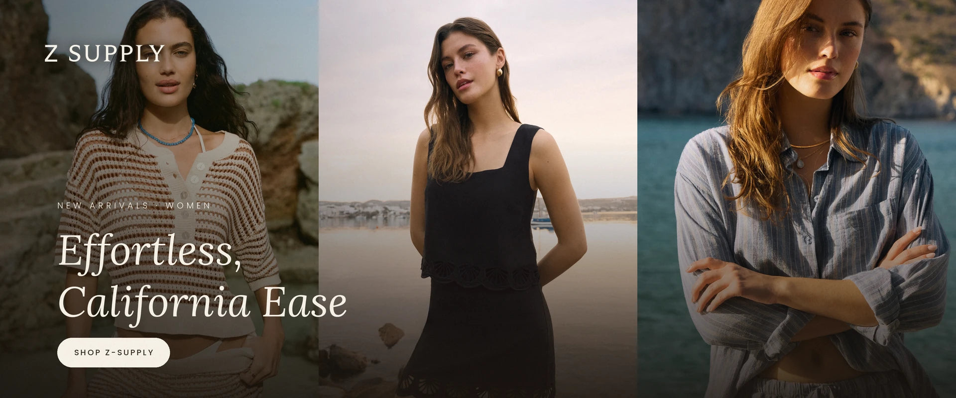 Three women in different outfits with 'Z Supply' branding and text about effortless California ease.