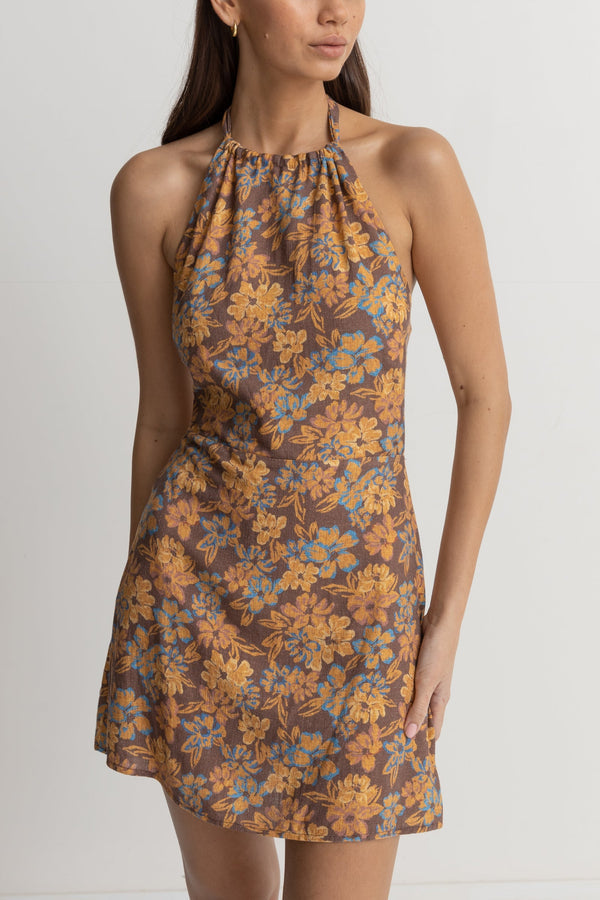 Rhythm Oasis Floral Halter Mini Dress - CHOCOLATE - Sun Diego Boardshop