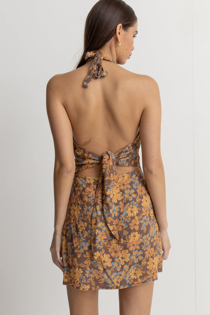 Rhythm Oasis Floral Halter Mini Dress - CHOCOLATE - Sun Diego Boardshop