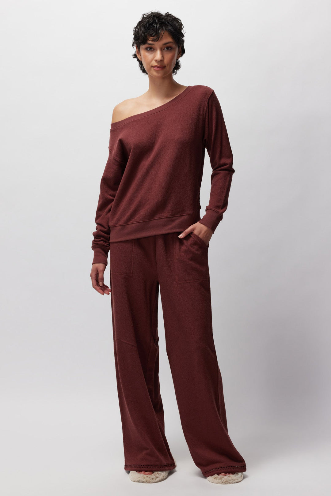 Spiritual Gangster Slub Rib Vida Off Shoulder Pullover - Washed Burgundy - Sun Diego Boardshop